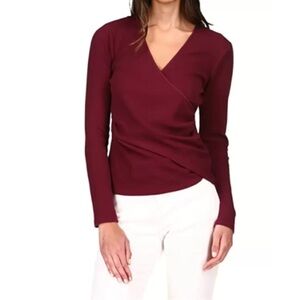 Michael kors ribbed faux wrap top women’s xl long sleeve v neck dark ruby red